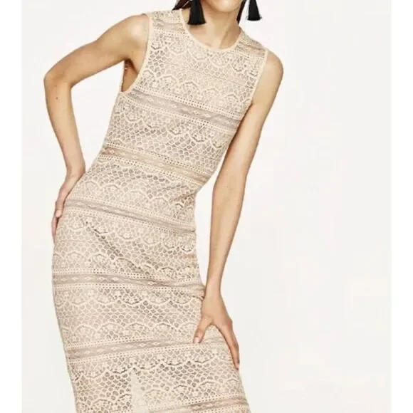 Zara Semi-Sheer Lace Midi Dress Women's M Cream Nude Minimalist Coquette EUC - Picture 2 of 13